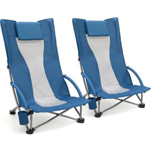 OUTSIDER Low Beach Chair, High Back Folding Camping Chair for Adults, Folding Beach Chair with Breathable Center Mesh Back, 300lbs Heavy Duty Portable Chair with Cup Holder for Beach, Outdoor(Blue 2)