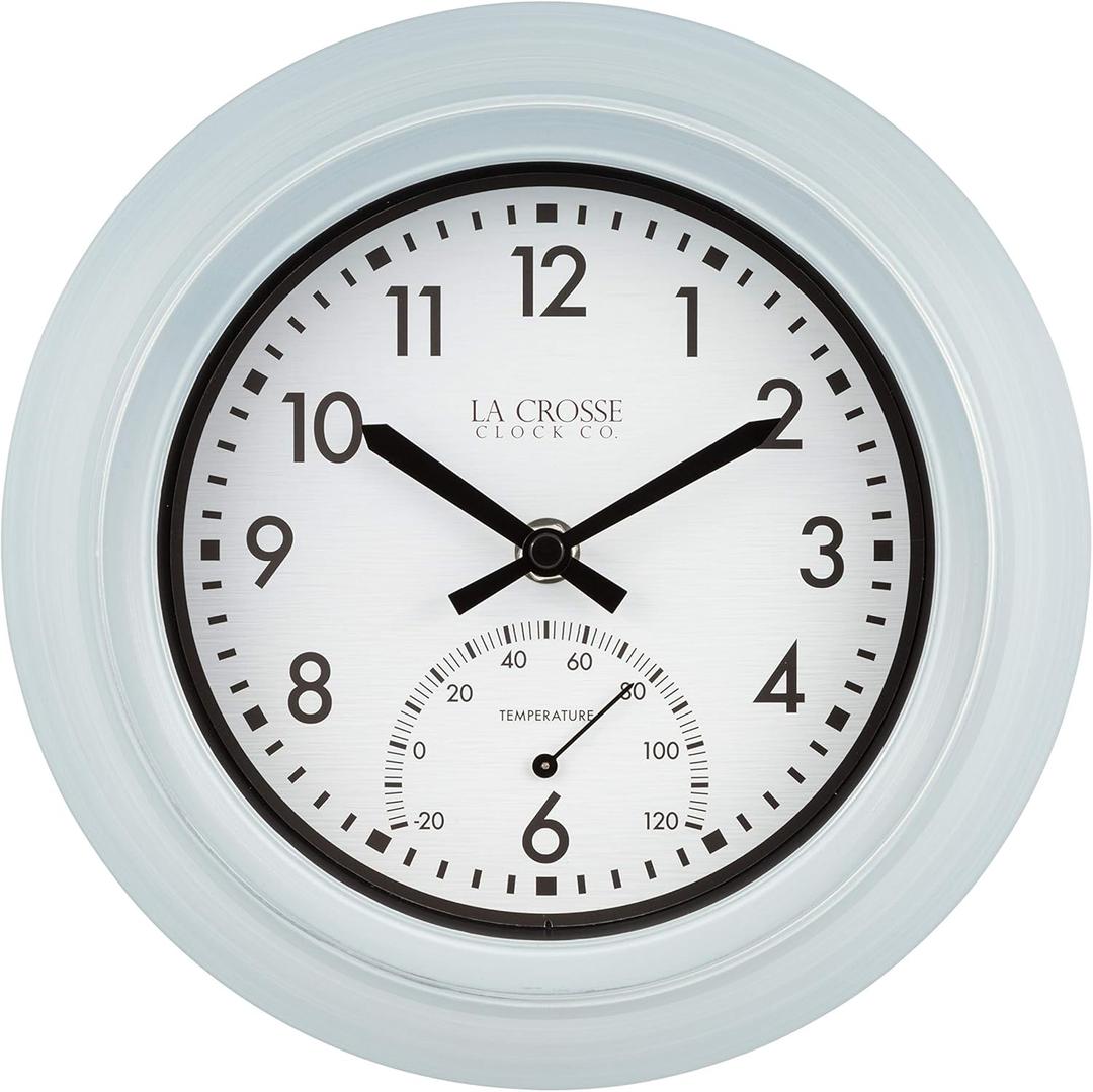 La Crosse Clock T82110 9" Indoor/Outdoor Light Blue Distressed Analog Clock with Thermometer