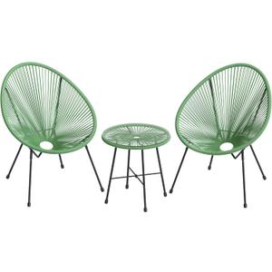 SONGMICS 3-Piece Outdoor Seating Acapulco Chair, Modern Patio Furniture Set, Glass Top Table and 2 Chairs, Indoor and Outdoor Conversation Bistro Set, Light Green UGGF011C01
