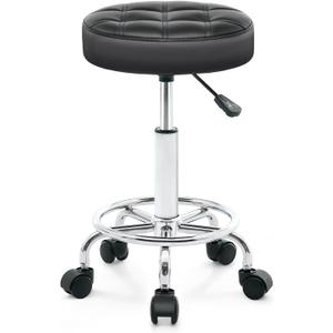 Rolling Stool with Wheels - Swivel Small Office Chair with Footrest, PU Leather Shop Stool for Office Spa Studio Lab Counter Salon Home Work Bar Kitchen Shop Teach Medical Facial, Black