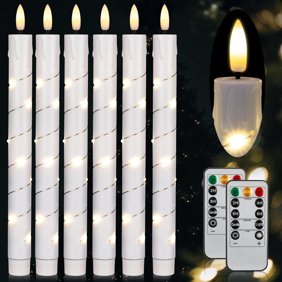 Flameless Taper Candles with Remote for Wedding Decorations3D Flickering Flame Battery Operated LED Plastic Candles Arounded with Starlight String, Romantic Home Decoration, Pack of 6, White