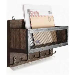 Mail and Key Holder for Wall Decorative, Wooden Wall Mount Key Rack Hanger Organizer with 4 Double Key Hooks, Rustic Home Decor for Entryway Hallway, Brown
