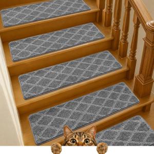 9"x30" Stair Treads for Wooden Steps Indoor, 15 Pcs Non Slip Peel and Stick Carpet Stair Treads, Washable & Reusable Self Adhesive Stair Runner Rug for Kids Elders Pets - Gray