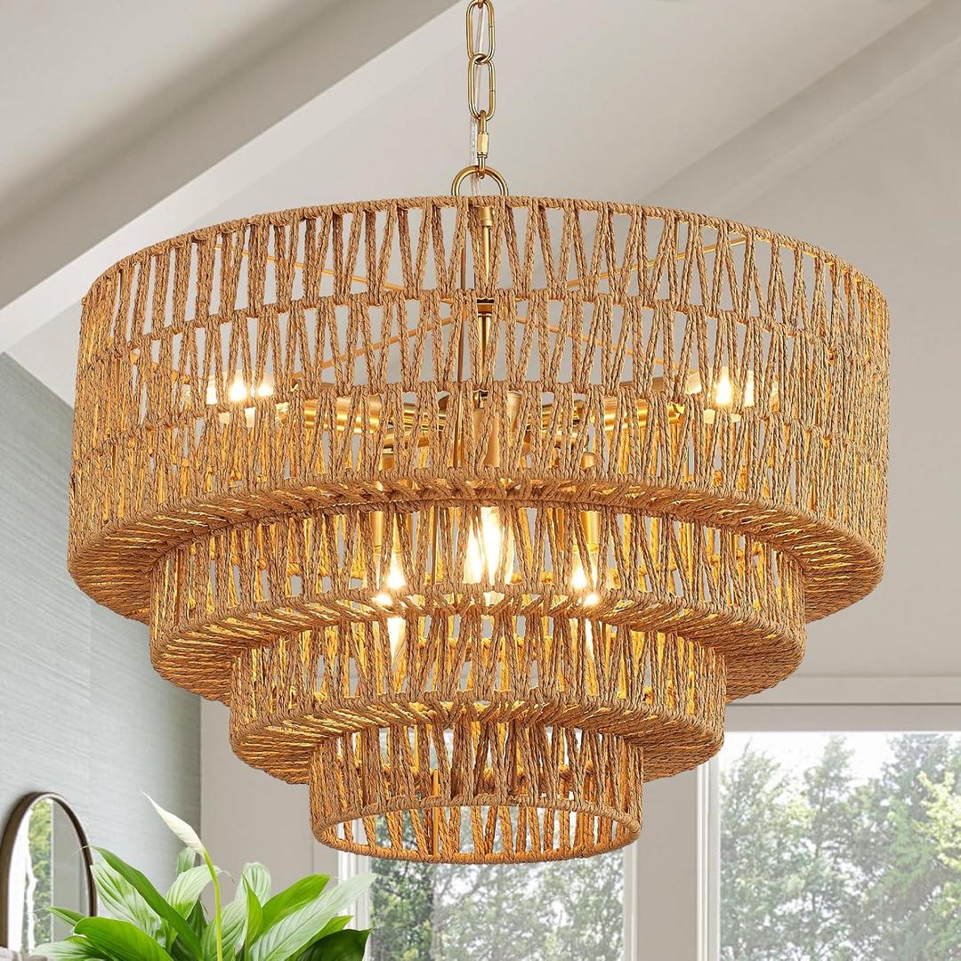 19.7" Boho Rattan Chandelier Vintage 6-Light Farmhouse Hand-Woven Bamboo Chandelier Light Fixture Rustic Drum Wicker Golden Chandeliers for Dining Room, Kitchen Island, Bedroom, E12