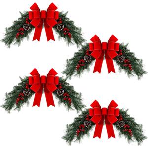 4 Pack Christmas Window Swags 33 Inch Christmas Mailbox Swags with Red Velvet Bow Greenery Window Swag Outdoor for Front Door Lintel Mantel Wall Home Decor