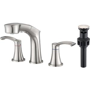 Bathroom Faucet 3 Hole with Pull Out Sprayer, 8 Inch Widespread Bathroom Faucet, Two Handle Vanity Faucet with cUPC Supply Lines, Brushed Nickel (with Pop-up Drain)