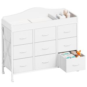 YeTom Baby Changing Table with 9 Fabric Boxes, Waterproof Diaper Changing Station & Pad, Mobile Nursery Diaper Changing Table, Baby Furniture, White