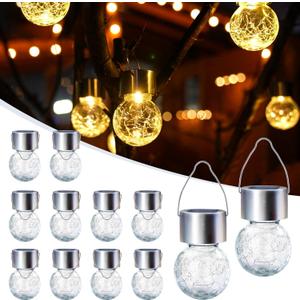 GIGALUMI Solar Lights Outdoor Waterproof, 12 Pack Solar Hanging Lights Garden Decor, Gifts for Women, Solar Outdoor Lantern Waterproof Cracked Glass for Yard, Fence, Tree (Warm White)