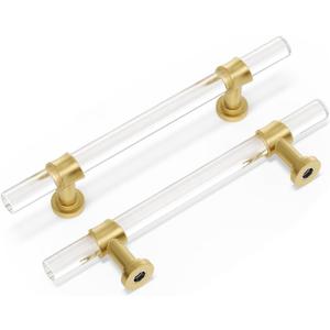 10 Pack Peaha Acrylic Drawer Pulls Brass Cabinet Pulls - PH 9165GD102 Kitchen Cabinet Pulls Brushed Brass Cabinet Hardware 4in Hole Center, 6-2/ 5 Inch Overall Length