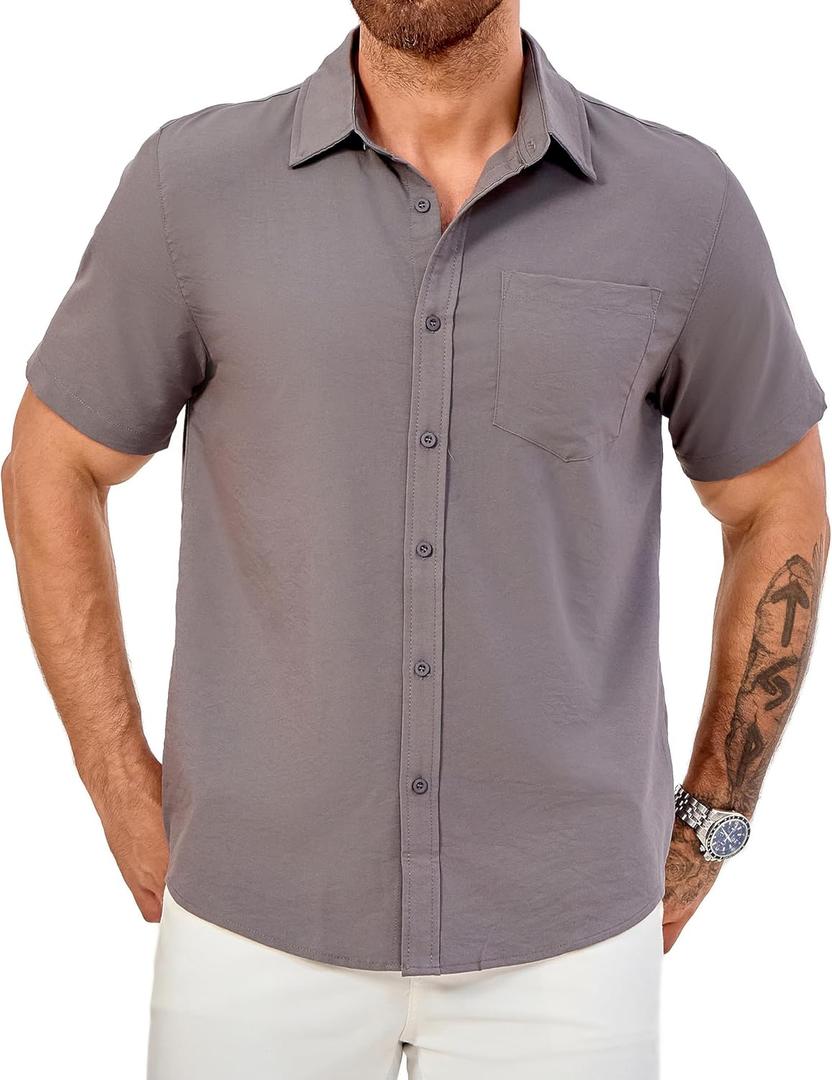 Men's Short Sleeve Button Down Shirts Casual Blending Beach Shirt with Chest Pocket Classic Fit Summer Tops (Gray, S)