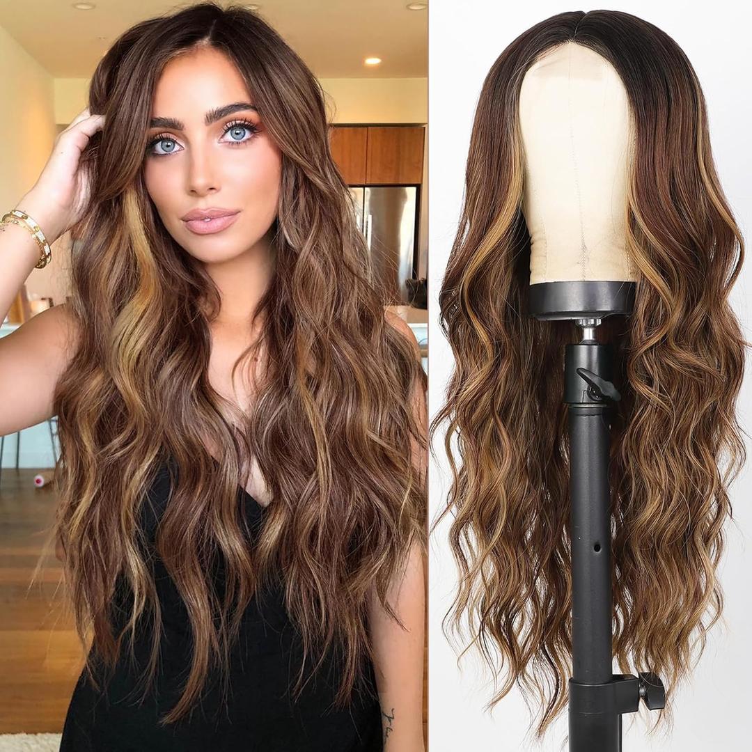 Long Brown Wigs, Ombre Brown Highlights Wavy Wigs for Women, 26 Inch Middle Part Synthetic Heat Resistant Wig for Daily Party Use (Brown With Blonde Highlight)