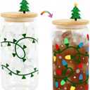 Christmas Gifts, 18oz Color Changing Christmas Lights Iced Coffee Can Glass, X-mas Glass Cup with Lid and Straw, Holiday Tumbler