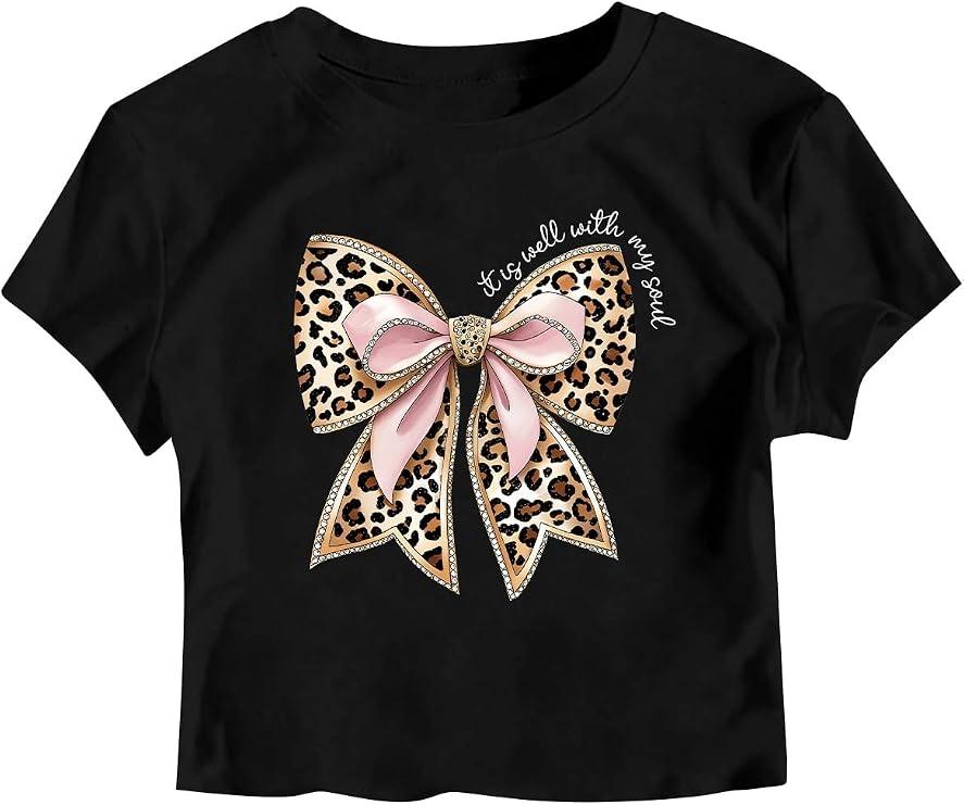 RoseSeek Girl's Letter Bow Graphic Tees Short Sleeve Crewneck Cute Shirts for Teen Girls Trendy, Size 10 Years