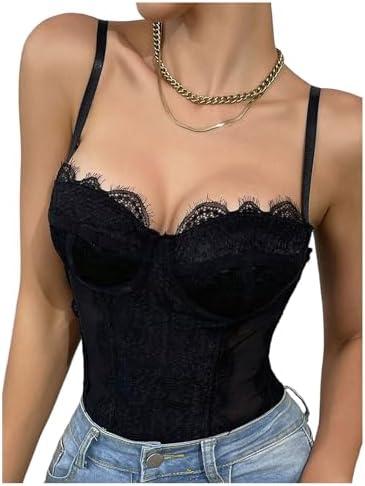 SweatyRocks Women's Lace Corset Shapewear Bodysuits Backless Sleeveless Thong Bodysuit Shirt Tops, M
