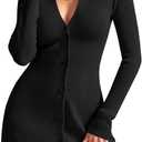 Wenrine Womens Deep V Neck Sweater Dress Sexy Knit Button Down Long Sleeve A Line Fall Mini Dresses (Medium)