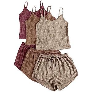 GORGLITTER Women's 3 Sets Ribbed Pajamas Set Sleeveless Crop Top and Tie Front Shorts Lounge Set Sleepwear Loungewear L