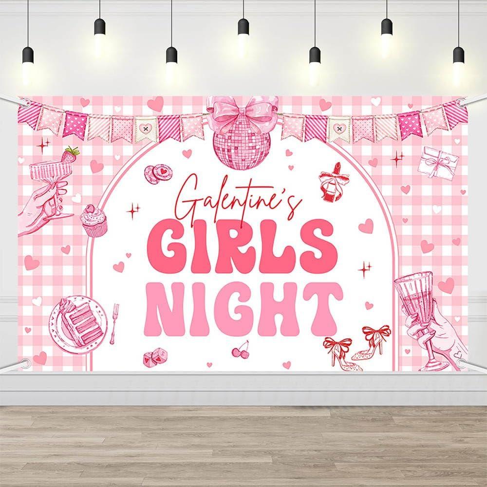 AIBIIN 6x3.6ft Galentine's Girls Night Backdrop Banner, Happy Galentine's Day Background Girls Theme Party Ladies Galentines Day Party Decorations Photo Booth Props