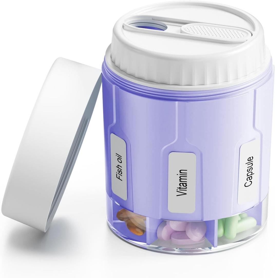 Daviky Pill Bottle Organizer, Supplement Organizer with 7 Large Compartments, Travel Pill Dispenser Round Pill Box with Two Lids, Purple