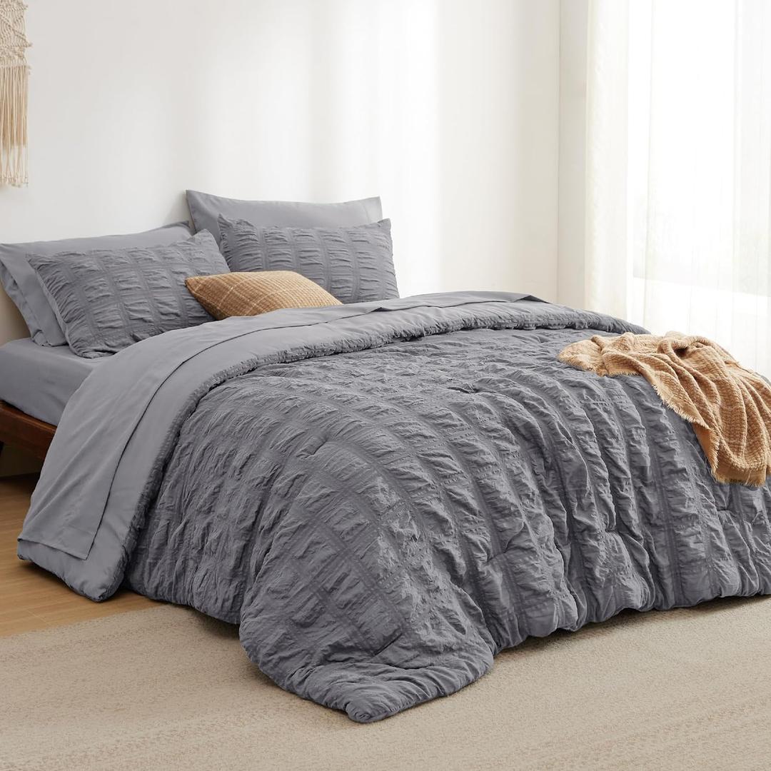 Bedsure Bed in a Bag Queen - 7 Pieces Plaid Seersucker Bedding Comforter Sets, Soft Lightweight Grey Boho Bed Set with Comforters Queen Size, Sheets, Pillowcases & Shams (05 - Grey)
