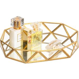 Feyarl Gold Glass Perfume Tray Mirror Vanity Jewelry Trinket Organizer Tray Ornate Cosmetic Makeup Display Geometric Shape Decorative Tray for Bathroom Home Decor Dresser Tabletop Countertop (11inch) (11" x 8.3" x 2")