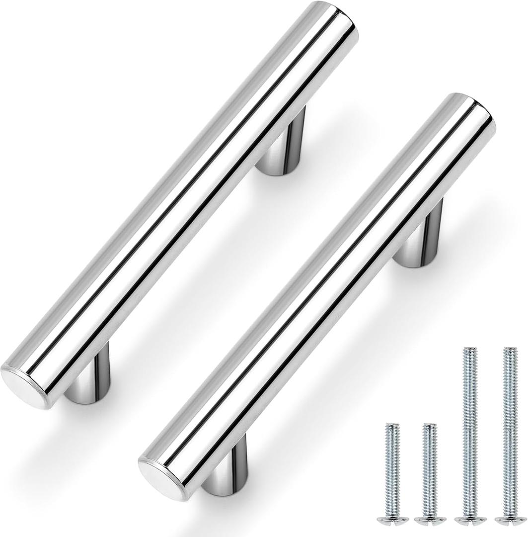 Probrico 30 Pack|2.5 inch Drawer Pulls Stainless Steel, Modern Polished Chrome Cabinet Pull, Round T bar Handles Dresser Drawer knobs, Kitchen Cabinet Knobs Hardware, 4 inch Overall Length