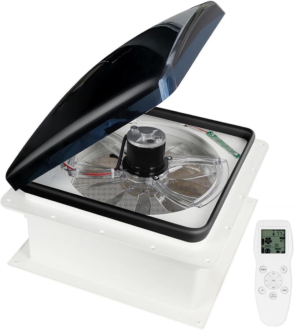 Upgraded Remote Control RV Roof Vent Fan, 12V DC 14" Quiet RV Roof Fan with Rain Sensor, 10-Speed, Reversible, 14in