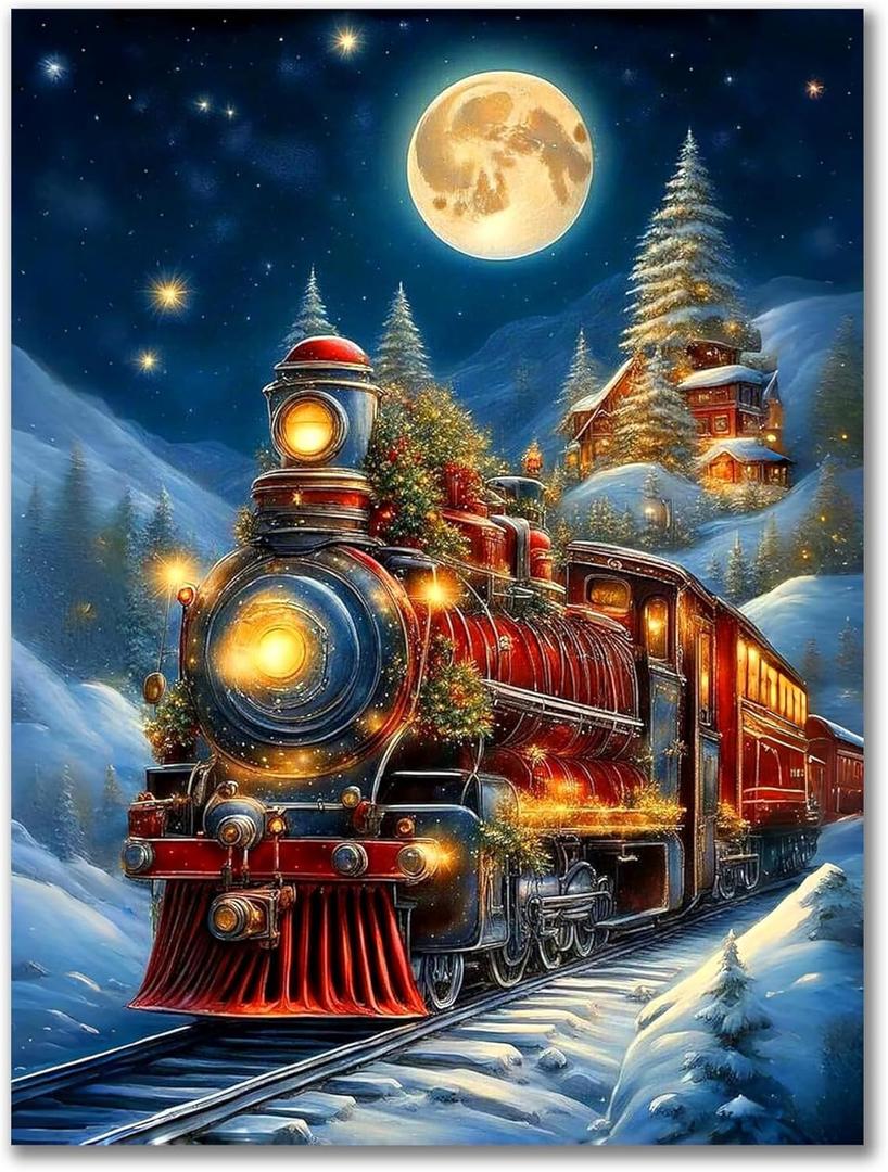 Christmas Diamond Painting Kits for Adults - Christmas Train Diamond Art for Adults Beginner DIY 5D Full Round Drill Gem Art Paint with Home Wall Decor (12x16in) (B12691)