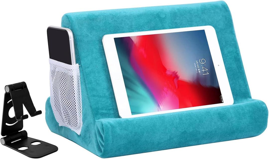 2pcs Multi-Angle Tablet Holder Cushion Stand with Net Pocket & Black Color Phone Stands Upgraded Tablet Pad Support for Phone,Pad,Books (Lakeblue)