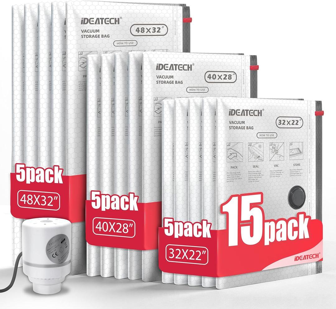 IDEATECH 15Pack Vacuum Storage Bags with Electric Pump, Jumbo Vacuum Seal Bags for Clothing, Bedding & Blanket, Heavy Duty Compression Space Saver with Airtight Seal, Complete Home Storage-5M+5L+5XL