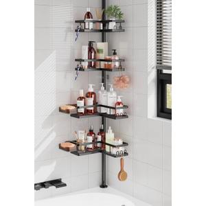 YASONIC Corner Shower Caddy Tension Pole, 25.7-109.1in Adjustable Shower Shelves, Rust-Resistant Shower Organizer, No-Drill 3-Step Installation, Bathroom Shelves for Renters & Family, Black