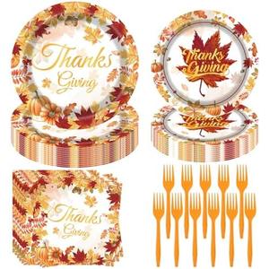 Fall Party Supplies 96 Pcs - Thanksgiving Paper Plates, Napkins, Forks - Pumpkin Autumn Maple Leaf Disposable Tableware Set for Harvest Party Decorations