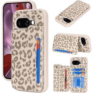 iCoverCase Compatible with Google Pixel 9a Case with Card Holder, Wallet Phone Case for Women Men [RFID Blocking] PU Leather Protective Wallet Case for Pixel 9a (Beige Leopard)