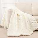 Bigacogo Chunky Knit Throw Blanket for Couch, 60x80 inches, 100% Hand Knitted with Thick Jumbo Chenille Yarn, Cozy Soft Large Rope Knot Cable Crochet Blankets for Sofa Bed Living Room, Ivory, 60"x80" (Over Size Throw