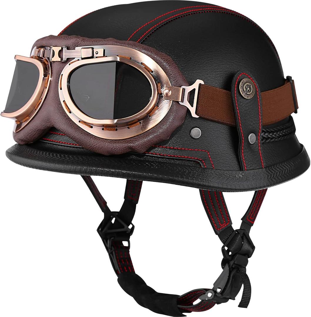 Yesmotor Motorcycle Half Helmet Retro German Handmade Leather Half Face Quick Release Buckle & Goggles - DOT Approved (Black & Red Line, L)