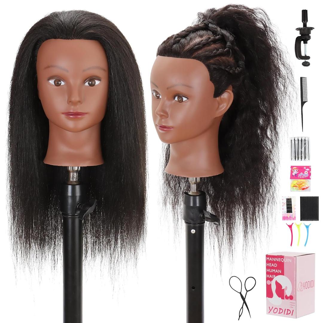 Mannequin Head with 100% Human Hair, Manikin Head Human Hair Cosmetology Doll Head for Hair Styling Hairdresser Practice Braiding with Table Clamp Stand and Tools (16 inch)
