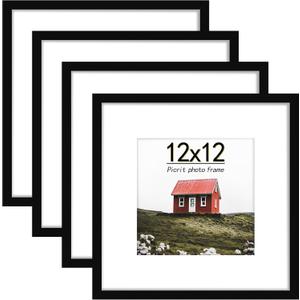 Picrit 12x12 Picture Frame Set of 4, Made of High Definition Real Glass, Display 8x8 with Mat or 12x12 without Mat, Photo Frames for Wall Mounting Display, Black