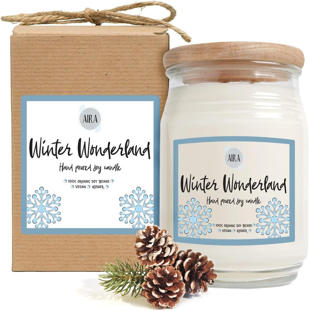 Aira Soy Candles - Organic, Kosher, Vegan, in Farmhouse Jar w/Essential Oil Blends - Hand-Poured Winter Candle - 100% Soy Candle Wax - Paraffin Free, Burns 150+ Hours - Winter Wonderland - 16 Ounces