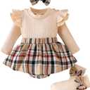 Newborn Baby Girl Plaid Outfits Long Sleeve Ruffled Romper Bodysuit with Bow Headband Socks Fall Winter Clothes (3-6 Months, Beige Brown)
