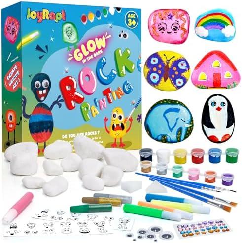 Pack of 2 Rock Painting Kit, Glow in The Dark, Arts and Crafts Supplies for Kids, Outdoor Toys for Girl and Boy Birthday Gift, Including 12 Smooth Rocks