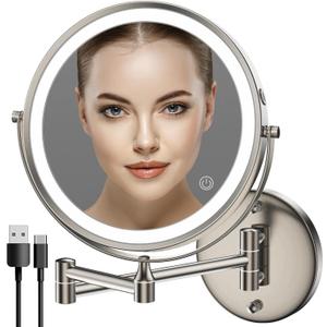 Rocollos Rechargeable Wall Mounted Lighted Makeup Mirror, 8 Inch Double-Sided LED Vanity Mirror 1X/10X Magnification,3 Color Lights Touch Screen Dimmable 360Swivel 13 Inch Extendable