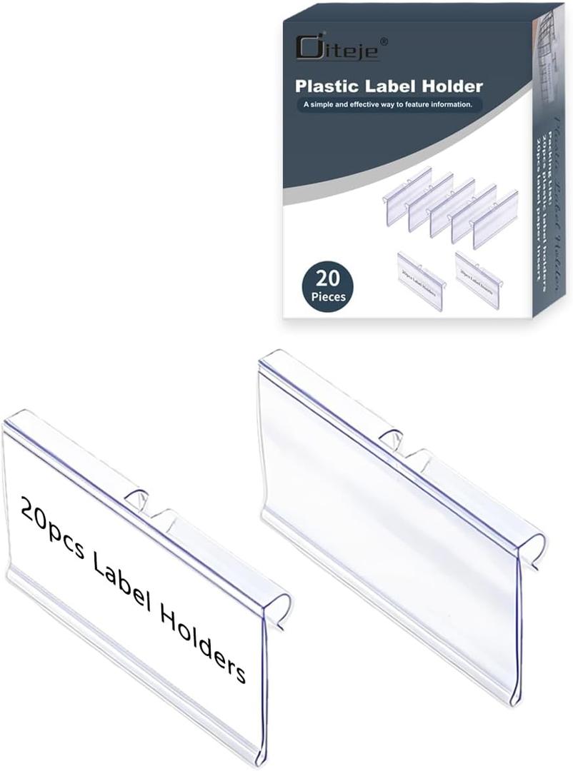 Diteje 20 Pack Plastic Wire Shelf Label Holder, Shelving Rack Retail Sign Hook Labels Clip On with Paper Inserts, 3.94x1.50inch