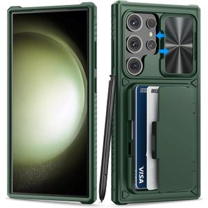 Case for Samsung Galaxy S23 Ultra Case with Card Holder (Store 4-5 Cards) & Kickstand & Slide Lens Cover, Military Grade Drop Protection, Rugged Silicone Wallet Case for Samsung S23 Ultra, Green