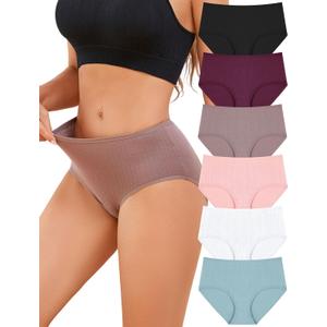 FINETOO Cotton Underwear for Women High Waisted Ribbed Full Coverage Briefs Soft Breathable Moisture Wicking Panties 6 Pack (M)