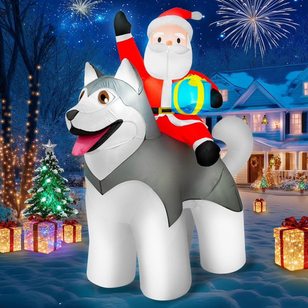 87FT Christmas inflatables Santa Riding Husky Dog, Giant Christmas Decoration Outdoor Built-in Bright LEDs Blow Up Yard Decoration Blowups for Holiday Party Xmas New Year
