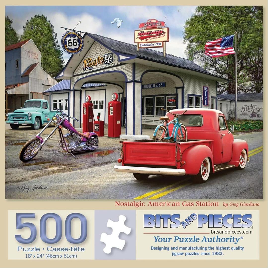 Bits and Pieces 500 Piece Puzzles for Adults - Nostalgic American Gas Station - - Large 18" x 24" Jigsaw Puzzles 500 Pieces Vintage Cars Summer Scene, No 2 Pieces Alike