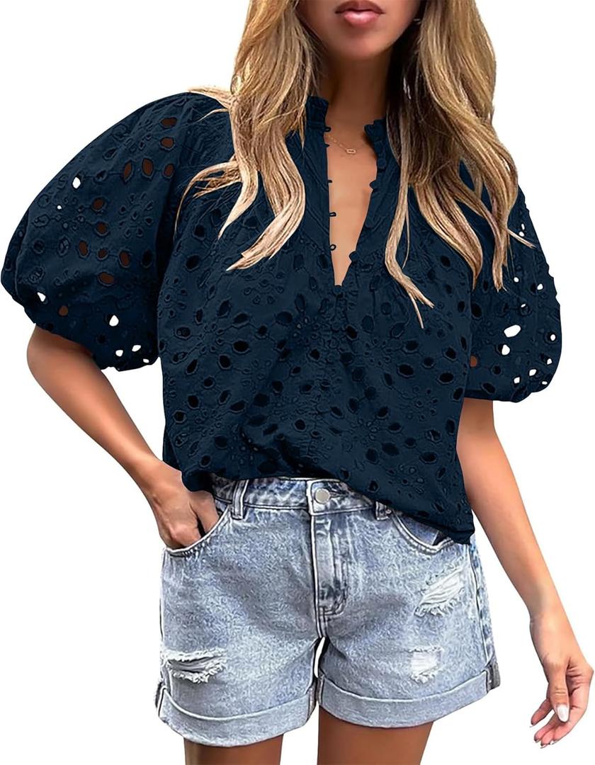 BETTE BOUTIK Women's Long Short Sleeve Tops 2025 Dressy Casual Button Hollow Out Lace Embroidered Blouses Shirts (Blue, S)