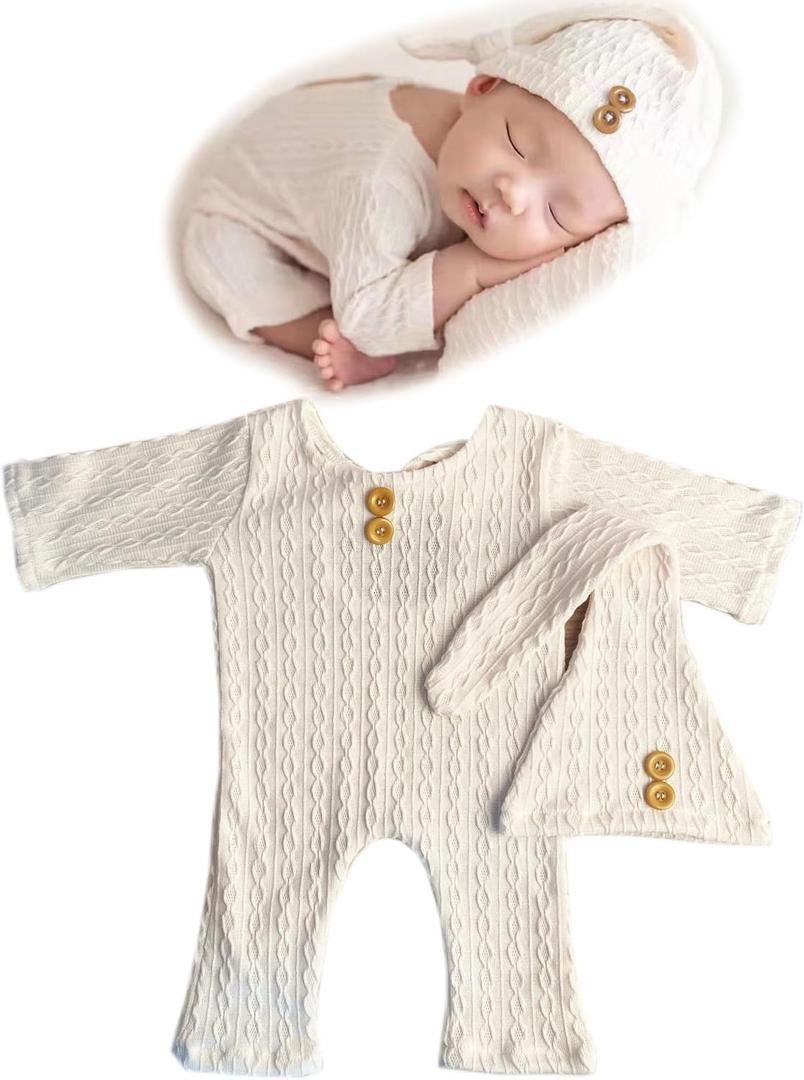 Newborn Baby Photography Bodysuits Outfits Boy Girl Infant Photo Crochet Romper Outfit (Beige)