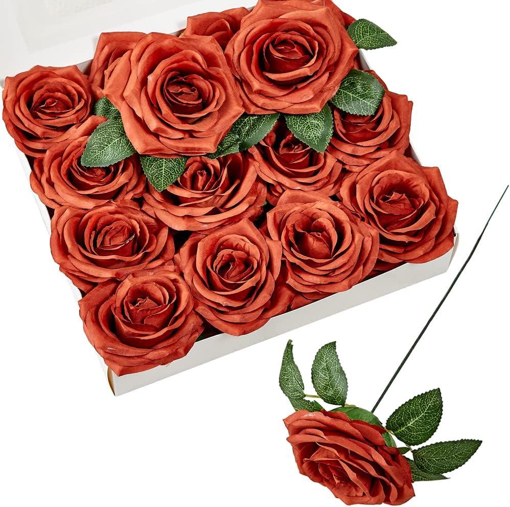 Artificial Flowers Burnt Orange Fake Rose Silk Rose 16 Pcs Real Looking Fake Flowers with Stems for DIY Wedding Bouquets Party Tables Centerpieces Floral Arrangements Festival Decoration