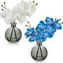 Oairse Blue and White Orchids Artificial Flowers Faux Orchid Arrangement with Black Glass Vase Set of 2 Real Touch Phalaenopsis Orchid Flowers Orchids Centerpiece for Dining Room Table