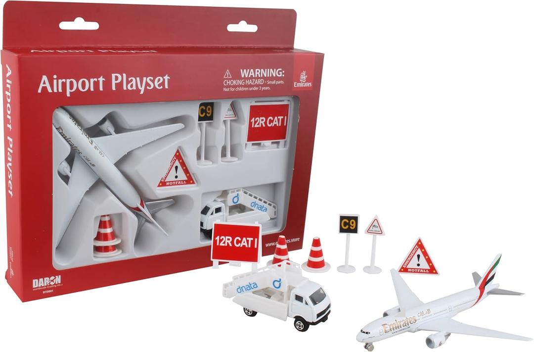 Daron Emirates Small Airport Playset  Officially Licensed Die-Cast Metal Airplane with Plastic Vehicles & Signs  Highly Detailed Pretend Play Toy for Kids Ages 3+